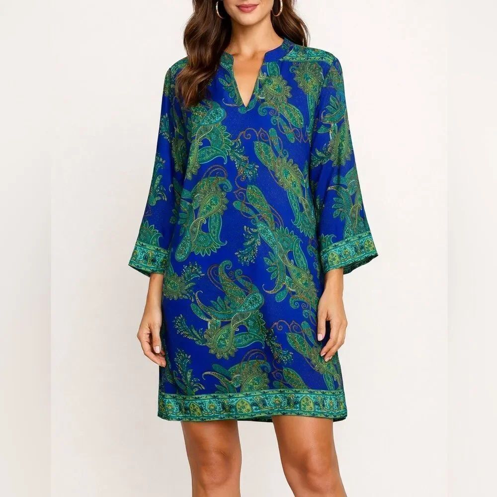 Bohoo Fashion Blue Green Paisley Silk-Blend Tunic Kaftan Dress Size M